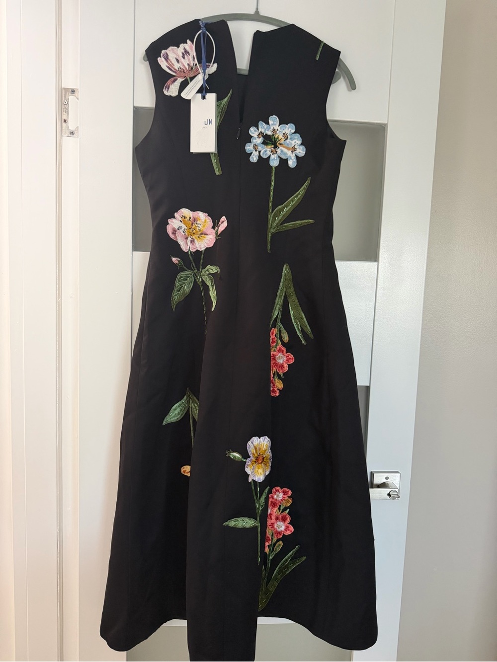 Black Floral A-Line Dress - Elegant Floral Print - Picture 8 of 8